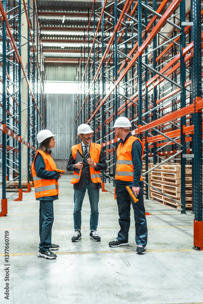 Warehouse workers and manager discussing logistics operations