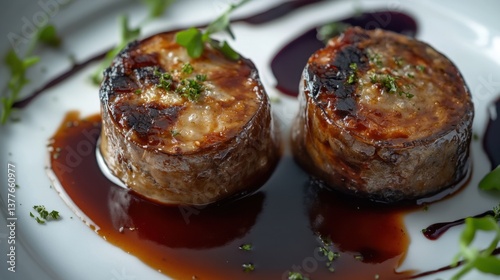Delicious meaty sausages served on a plate with brown sauce.