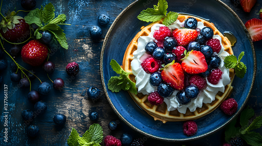 A colorful breakfast spread featuring waffles topped with whipped cream, fresh berries, and maple syrup, styled on a rustic wooden table A colorful breakfast spread featuring waffles topped with whipped cream, fresh berries, and maple syrup, styled on a rustic wooden table