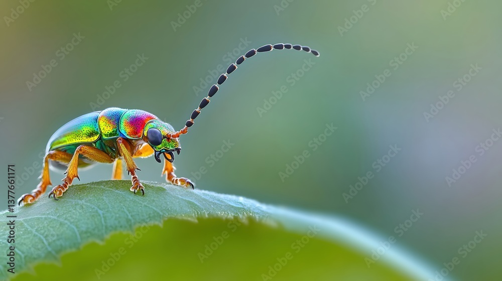 Naklejka premium Beetle with dewdrops on the grass