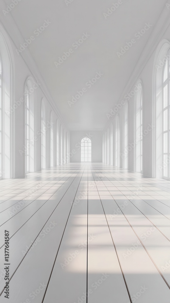 Obraz premium Serene white hallway with arched windows and bright sunlight casting shadows on the wooden floor creating a peaceful atmosphere