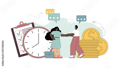 Time is money. People shake hands, make a win-win deal.eps