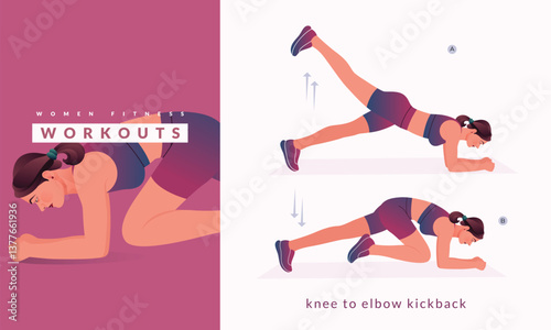 knee to elbow kickback exercise, Woman workout fitness, aerobic and exercises.