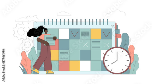 Work planning concept. Reminder. The woman makes entries in the calendar.eps