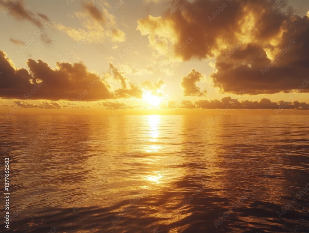 Fototapeta premium Picture of a tranquil ocean at sunset with golden light reflecting on the water, under a sky filled with clouds.