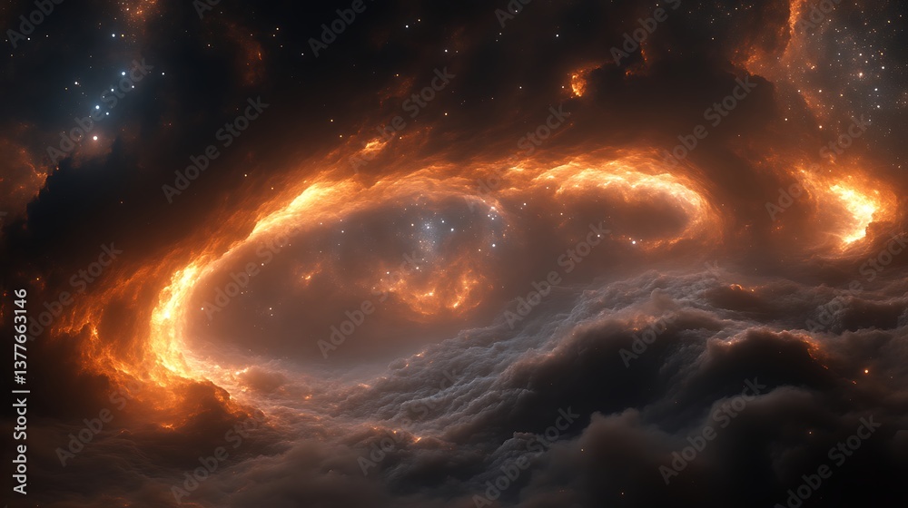 Fototapeta premium Fiery Nebula Swirling Across Dark Cosmic Clouds