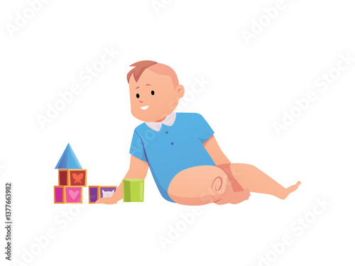 Vector illustration of a little baby sitting near a construction set of blocks.