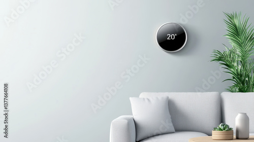 Modern living room with smart thermostat and minimalist decor