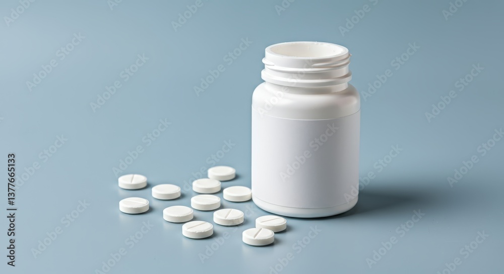 White pill bottle with tablets on a blue surface in a health setting White pill bottle with tablets on a blue surface in a health setting