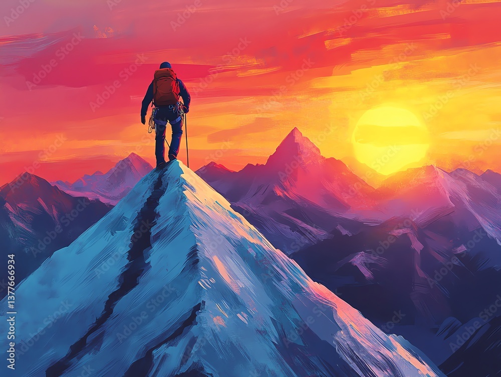Fototapeta premium Climber's Sunset Summit: A Vibrant Impressionist Mountain Scene