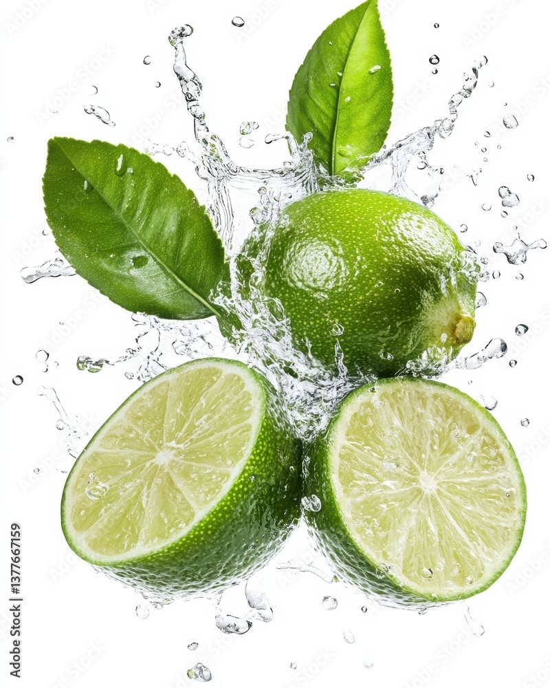 Fresh Limes with Splashing Water on White Background Capturing Vibrant Green Citrus Fruit with Refreshing Splash and Leaves for Healthy Lifestyle and Tropical Flavor Fresh Limes with Splashing Water on White Background Capturing Vibrant Green Citrus Fruit with Refreshing Splash and Leaves for Healthy Lifestyle and Tropical Flavor
