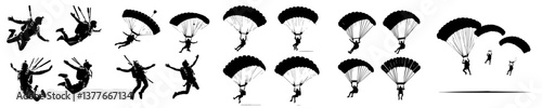 Collection of silhouettes of a person paragliding