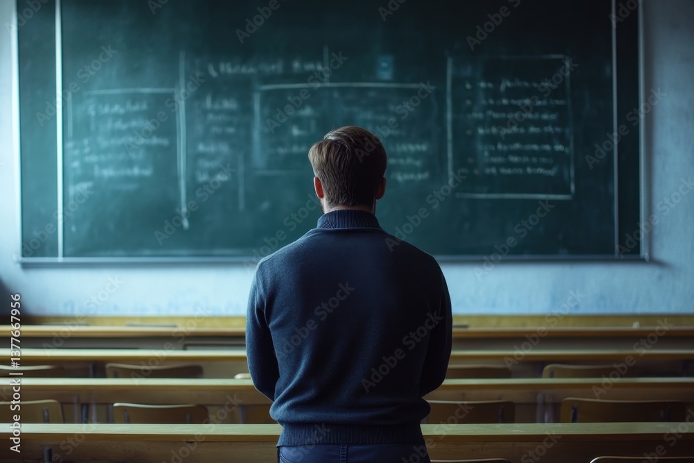 A man standing in front of a classroom with empty desks.