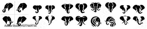 Collection of silhouettes of elephant heads