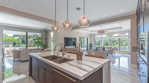 A modern kitchen island with an undermount stainless steel sink and a high-arched chrome faucet, creating a luxurious feel