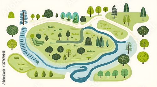 Park map trees with river, and landscape.