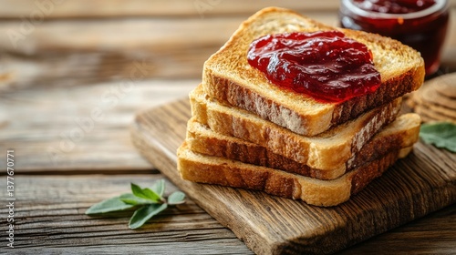 Wallpaper Mural Slices of golden brown toast are stacked on a wooden board, topped with a generous scoop of red fruit jam. The warm natural light brings out the rustic charm of the breakfast spread Torontodigital.ca