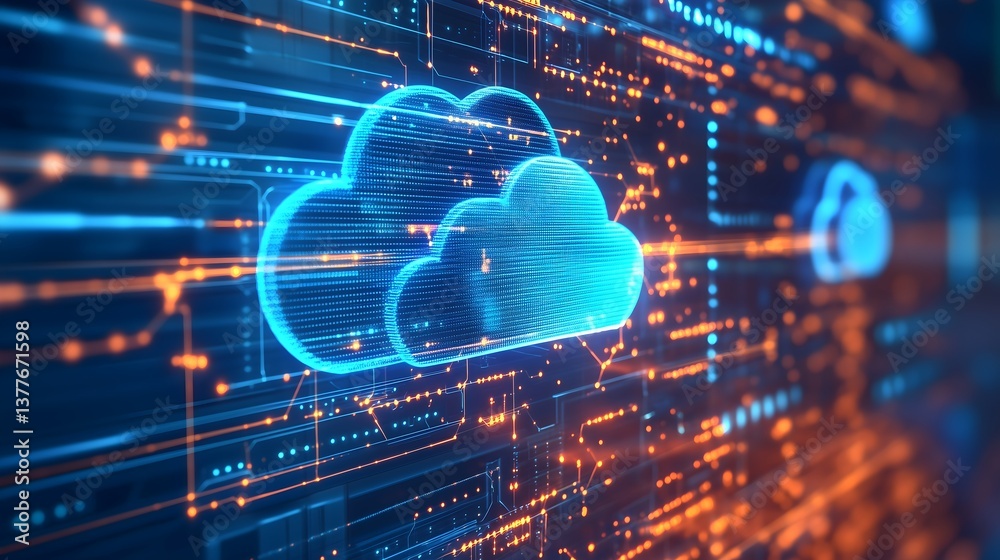 Fototapeta premium Cloud Data Network: A luminous cloud icon floats amidst a dynamic, electric network of interconnected data pathways, symbolizing the power and reach of cloud computing.