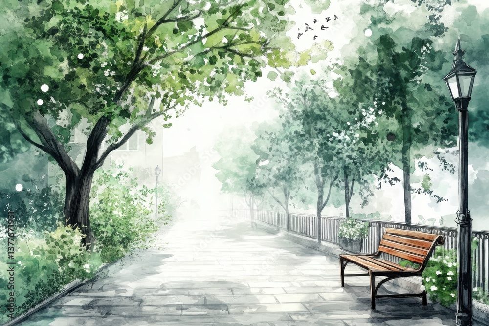 A serene park scene featuring lush greenery, a winding path, and a wooden bench under a misty atmosphere, inviting tranquility and contemplation. A serene park scene featuring lush greenery, a winding path, and a wooden bench under a misty atmosphere, inviting tranquility and contemplation.