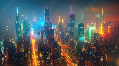 Wallpaper Mural Motion blur city featuring futuristic technology and digital panorama concept. Vibrant city skyline at night with illuminated skyscrapers. Torontodigital.ca