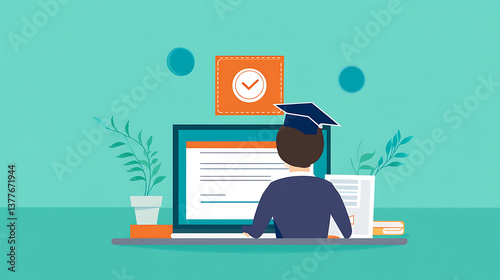 Person completing a course on a laptop, with a certificate icon and progress bar on the screen