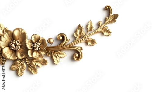 Ornate gold floral decorative trim.  A detailed, 3D rendering of a golden floral design with leaves and scrolls, perfect for high-end architecture or design elements