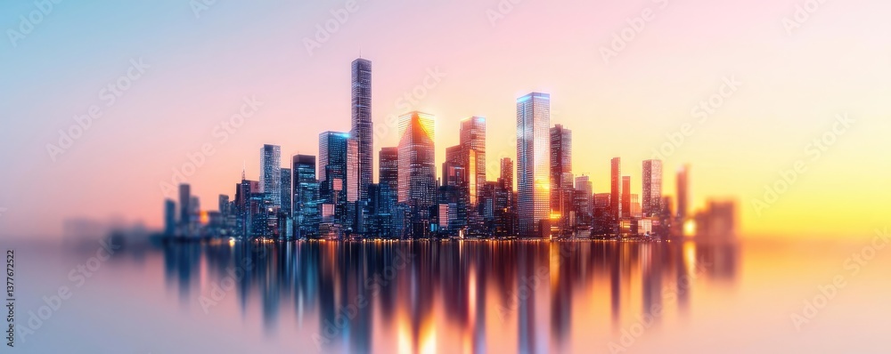 Obraz premium Motion blur city in cyberspace with futuristic skyline panorama concept. Stunning city skyline with vibrant sunset reflection on water.