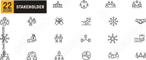 Stakeholder editable outline icon set. Partnership, investment, collaboration, leadership, management and more.