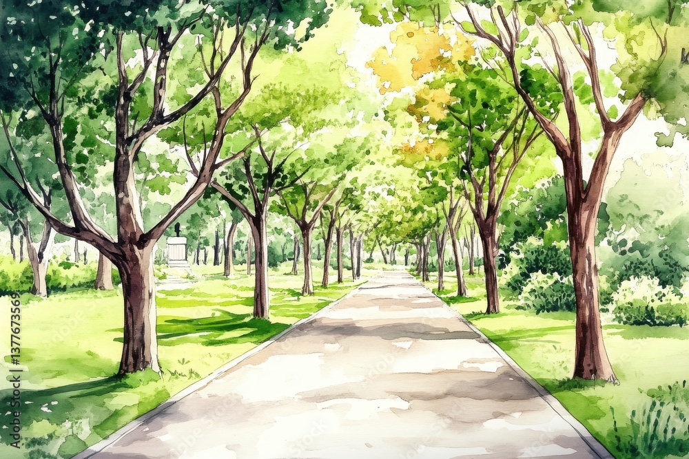 A serene, tree-lined pathway in a vibrant green park, illuminated by sunlight filtering through the leaves. A serene, tree-lined pathway in a vibrant green park, illuminated by sunlight filtering through the leaves.