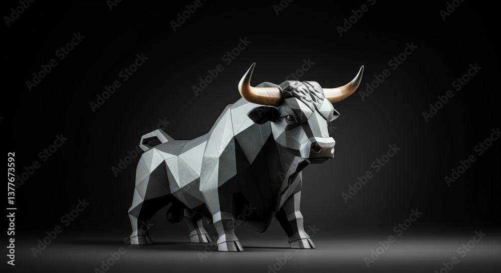 Fototapeta premium Geometric bull sculpture in a dark studio showcasing artistic design and craftsmanship