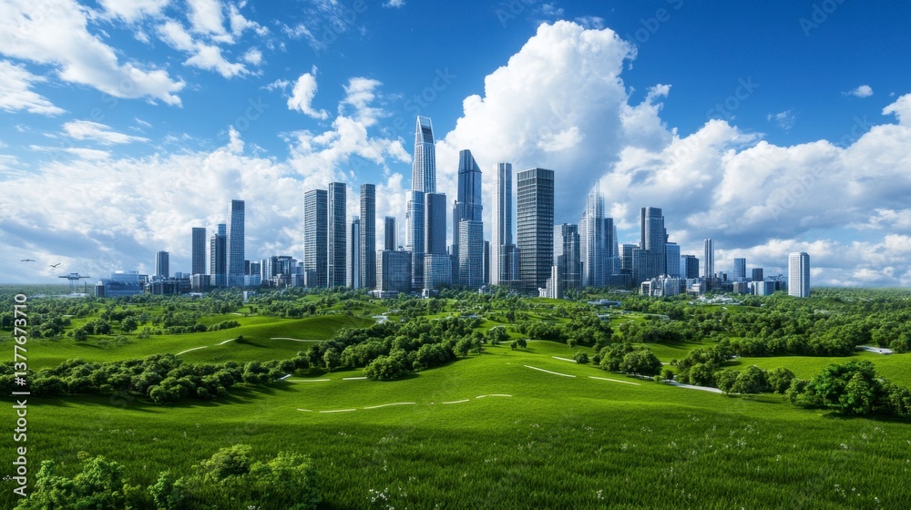 Fototapeta premium Futuristic city skyline on a sunny day, surrounded by lush green fields. Modern skyscrapers rise against a bright blue sky dotted with fluffy white clouds. 