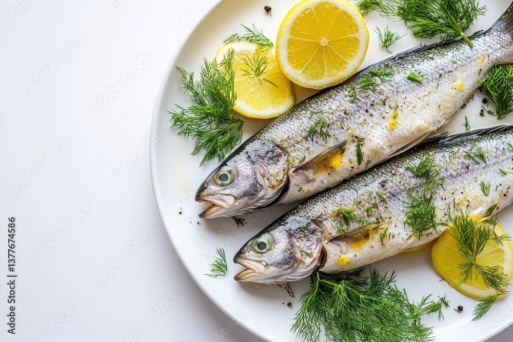 Two seasoned fish fillets, garnished with fresh dill and lemon slices, on a white plate Two seasoned fish fillets, garnished with fresh dill and lemon slices, on a white plate