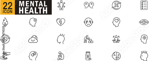 Mental health editable outline icon set. Mental health, anxiety, depression, stress, mindfulness, therapy, counseling, psychology and more.