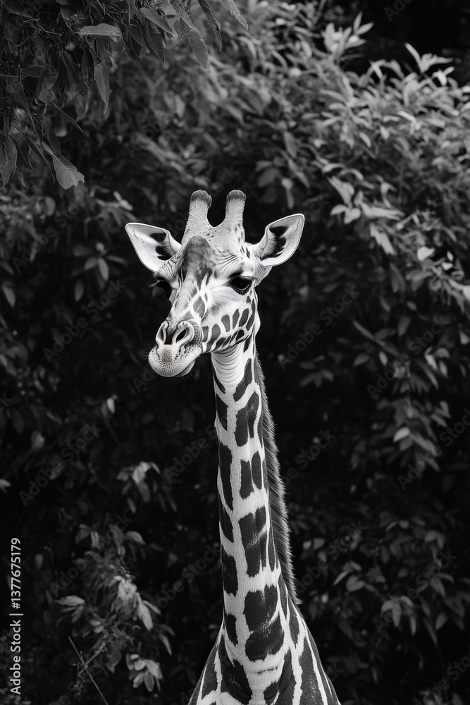 Obraz premium Giraffe with white ear markings facing front. Natural habitat, blurred background.