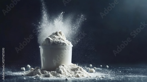 Flour explosion in measuring cup with dramatic smoke effect