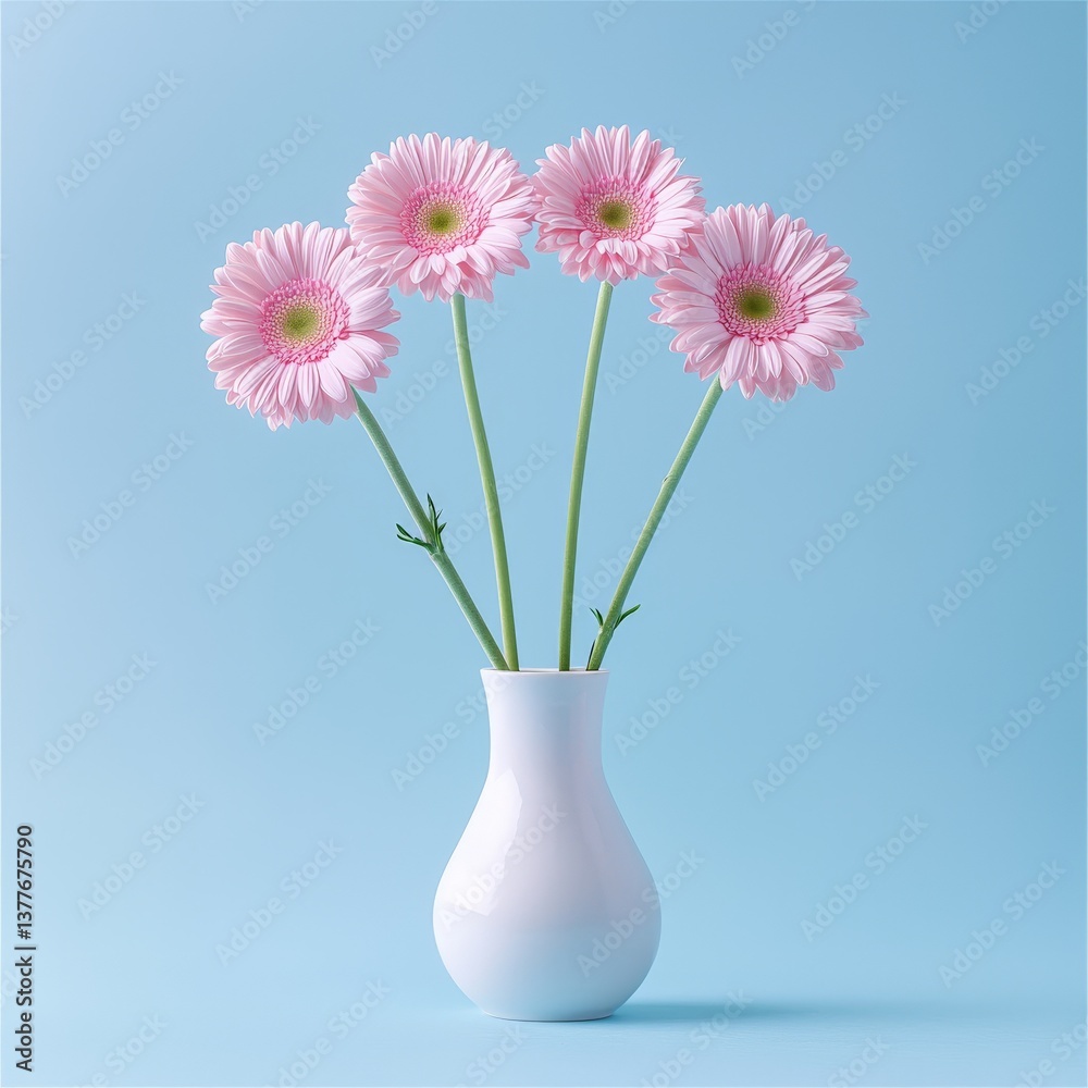a minimalistic arrangement of pink gerberas in a white vase on blue background a minimalistic arrangement of pink gerberas in a white vase on blue background