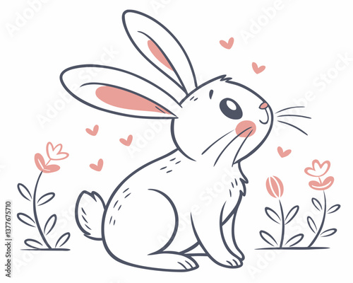 Cute bunny expressing joy surrounded by flowers and hearts  