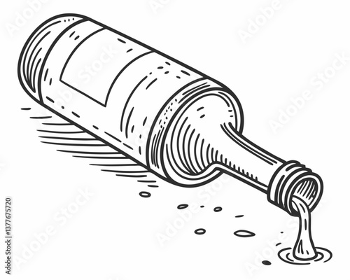 Hand-drawn illustration of a wine bottle spilling liquid  