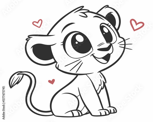 Cute lion cub illustration expressing joy with hearts in background  