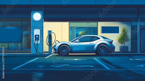 Electric vehicle connected to a charging point in a clean, minimalist parking area