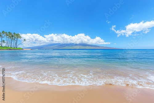 Beach ocean background texture. Blue water, sky, sand and beach. Travel, vacation and summer holidays getaway concept photo from Maui, Hawaii. 