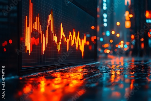 Financial Downturn Concept Stock Market Chart On Wet City Street At Night