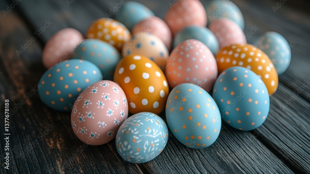 Fototapeta premium Colorful Easter Eggs with Polka Dots and Floral Patterns on Wood