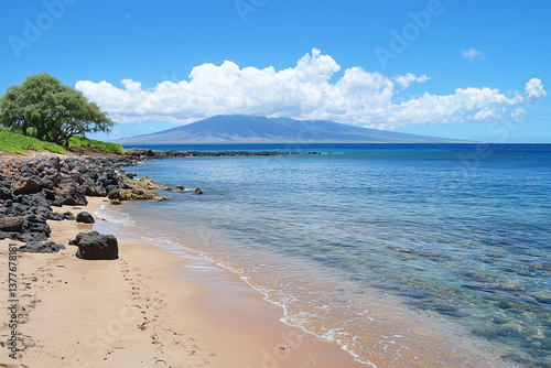 Beach ocean background texture. Blue water, sky, sand and beach. Travel, vacation and summer holidays getaway concept photo from Maui, Hawaii. 