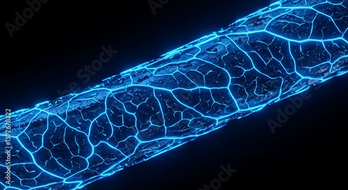 Electric Blue Strand BioLuminescent Fiber Deep Blue Cellular Glow Neon Hair Shaft Azure Filament Cybernetic Hair Digital Anatomy Glowing Core Structure Microscopic Blues Veined Azure Thread