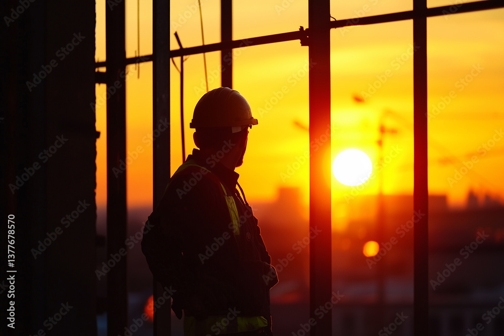 Fototapeta premium Construction Site, Worker, Workers, Background. Background of construction workers with a sunrise or sunset. Each worker is doing his job at the work site.
