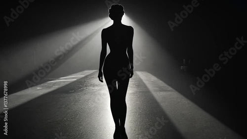 Silhouetted model walking runway, spotlight, dark background, fashion show