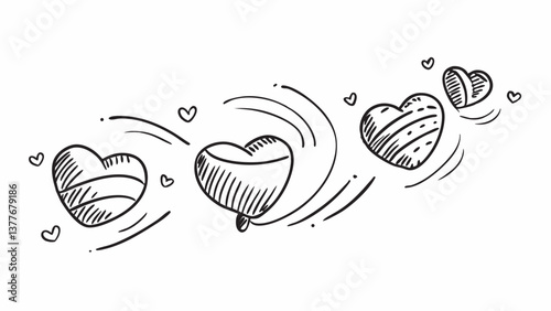 Illustrated hearts flying in a playful swirl on a white background  