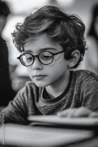A young boy with glasses studying intently.