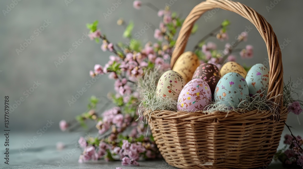 Festive Easter Basket with Colorful Eggs and Spring Flowers Festive Easter Basket with Colorful Eggs and Spring Flowers